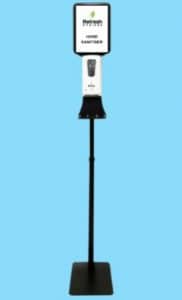 Black stand Auto Dispenser with Refresh A4 sign at top Black stand with Touch-free Dispenser