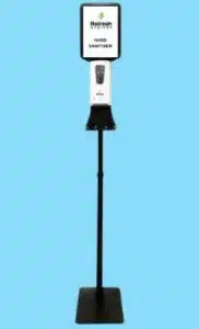 Black stand Auto Dispenser with Refresh A4 sign at top Black stand with Touch-free Dispenser